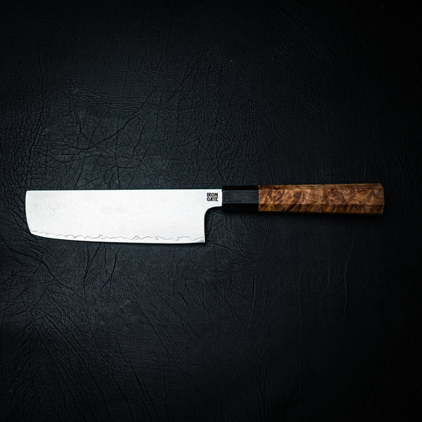 Nakiri Knife – Raindrop Damascus Stainless with Maple Burl & Ebony Handle