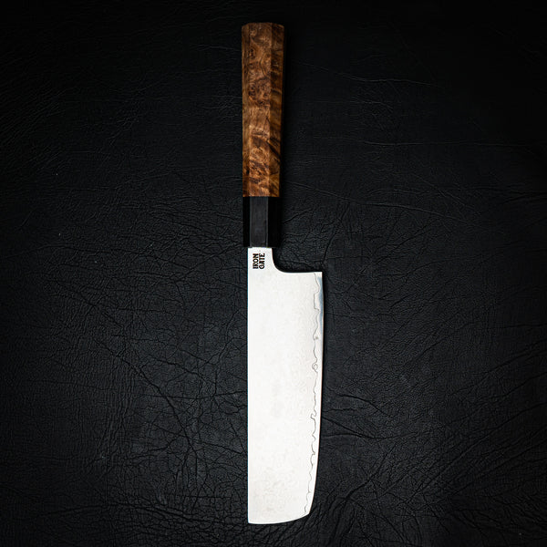 Nakiri Knife – Raindrop Damascus Stainless with Maple Burl & Ebony Handle