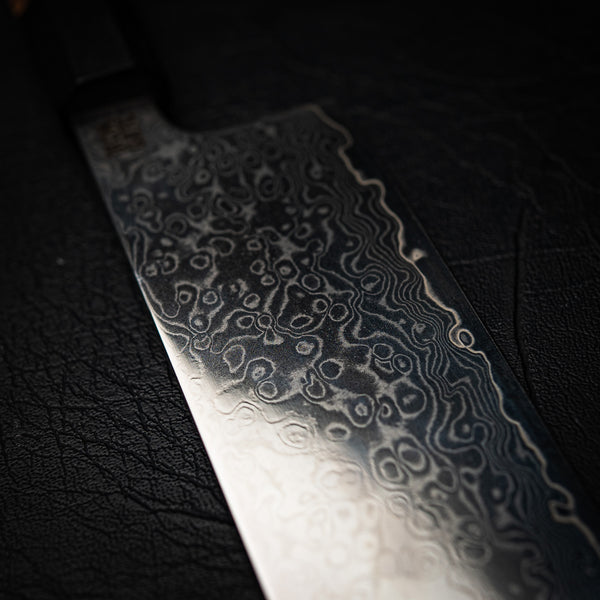 Nakiri Knife – Raindrop Damascus Stainless with Maple Burl & Ebony Handle
