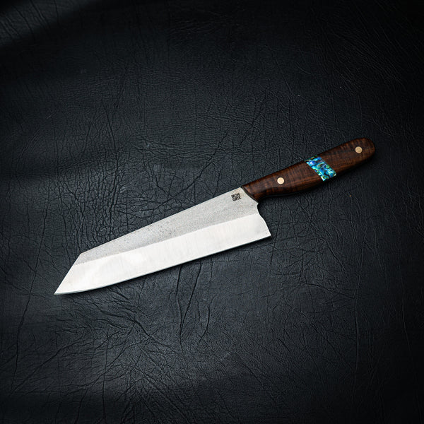 Tanto Chef Knife – N690 Steel | Ringed Gidgee & Abalone Inlay by — Iron Gate Knives | Handmade in Australia
