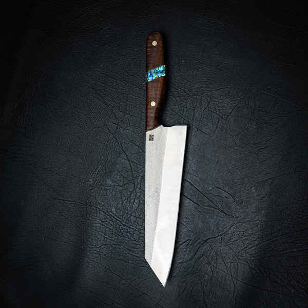Tanto Chef Knife – N690 Steel | Ringed Gidgee & Abalone Inlay by — Detail view | Iron Gate Knives