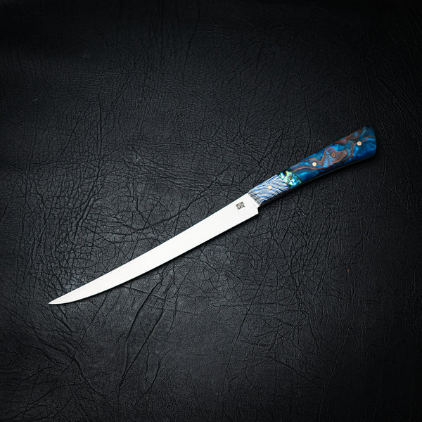 Flexxy Fillet Knife – Blue Coral G10, Abalone Inlay & Blue Copper Epoxy Hybrid