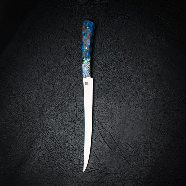 Flexxy Fillet Knife – Blue Coral G10, Abalone Inlay & Blue Copper Epoxy Hybrid