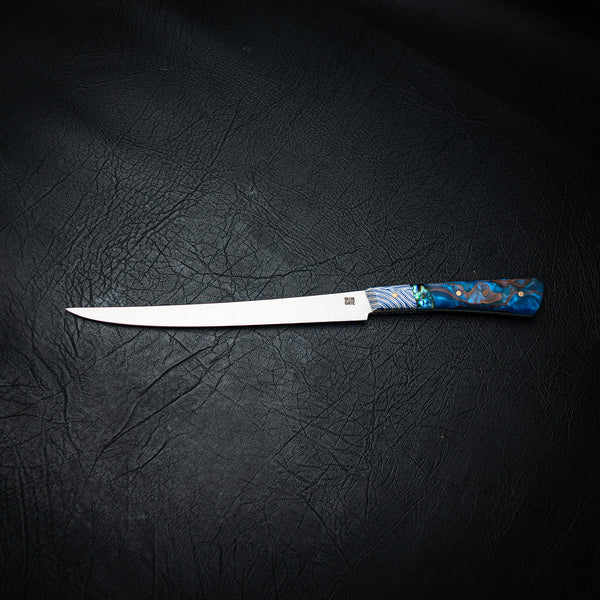 Flexxy Fillet Knife – Blue Coral G10, Abalone Inlay & Blue Copper Epoxy Hybrid