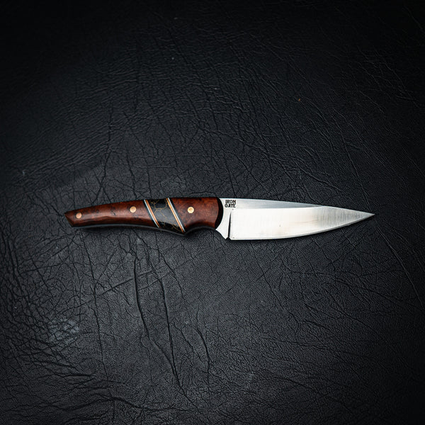 EDC Knife – Jarrah Burl with Trustone & Brass Spacers (N690 Steel)