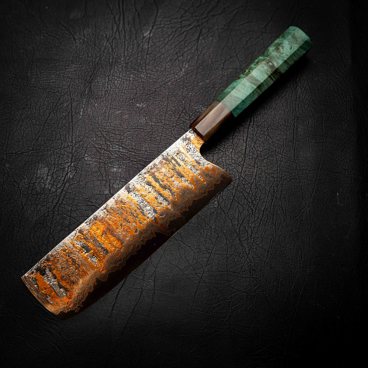 Nakiri | 52100 Coppermascus San Mai, Emerald Maple Burl & Buffalo Horn Wa Handle