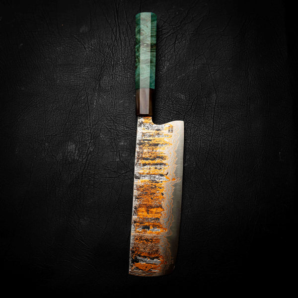 Nakiri | 52100 Coppermascus San Mai, Emerald Maple Burl & Buffalo Horn Wa Handle