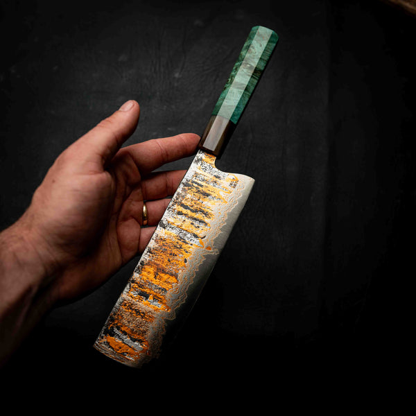 Nakiri | 52100 Coppermascus San Mai, Emerald Maple Burl & Buffalo Horn Wa Handle