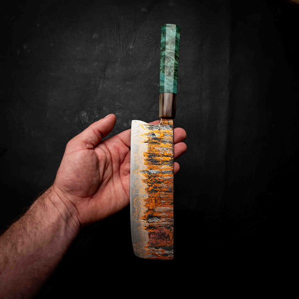Nakiri | 52100 Coppermascus San Mai, Emerald Maple Burl & Buffalo Horn Wa Handle