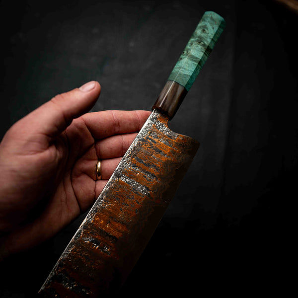 Nakiri | 52100 Coppermascus San Mai, Emerald Maple Burl & Buffalo Horn Wa Handle