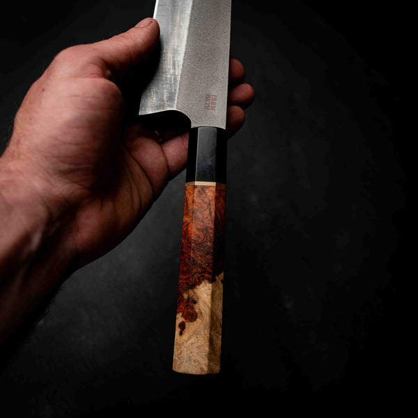 Tanto Kitchen Knife — Amboyna Burl & Ebony Wa Handle