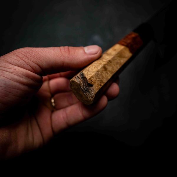 Tanto Kitchen Knife — Amboyna Burl & Ebony Wa Handle