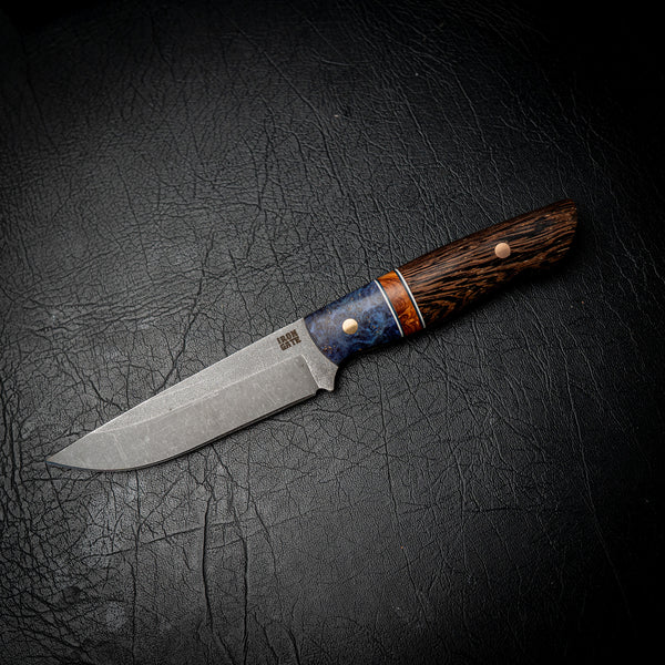 Bushcraft Knife – N690 Steel, Blue Dyed Amboyna Burl, Rosewood & Wenge