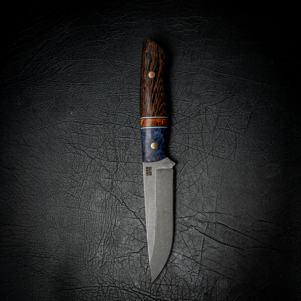 Bushcraft Knife – N690 Steel, Blue Dyed Amboyna Burl, Rosewood & Wenge