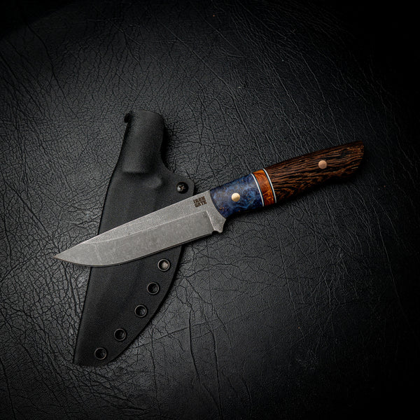 Bushcraft Knife – N690 Steel, Blue Dyed Amboyna Burl, Rosewood & Wenge