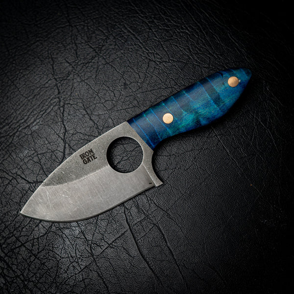 EDC Knife – Blue Dyed Curly Maple & Finger Hole Design