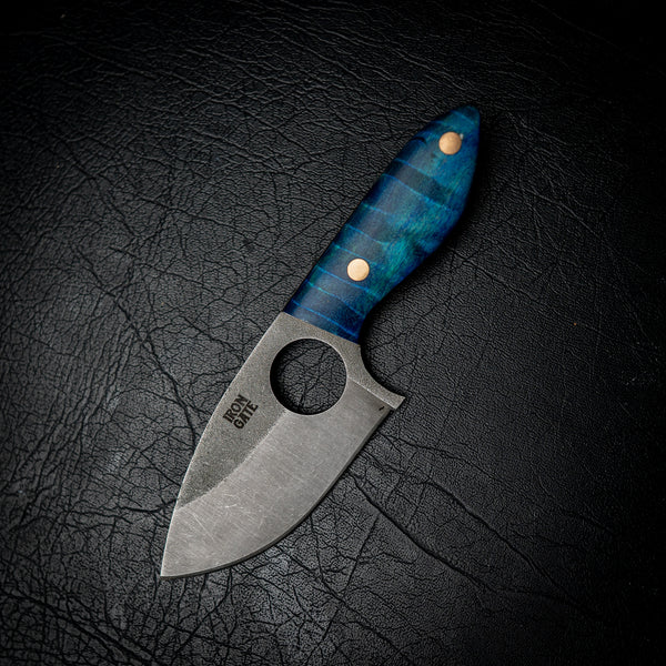 EDC Knife – Blue Dyed Curly Maple & Finger Hole Design