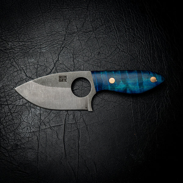 EDC Knife – Blue Dyed Curly Maple & Finger Hole Design