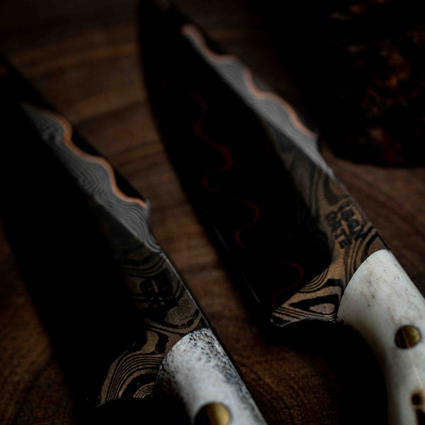 Mini Hunter — Baker Forge Copper Damascus | Full Deer Antler