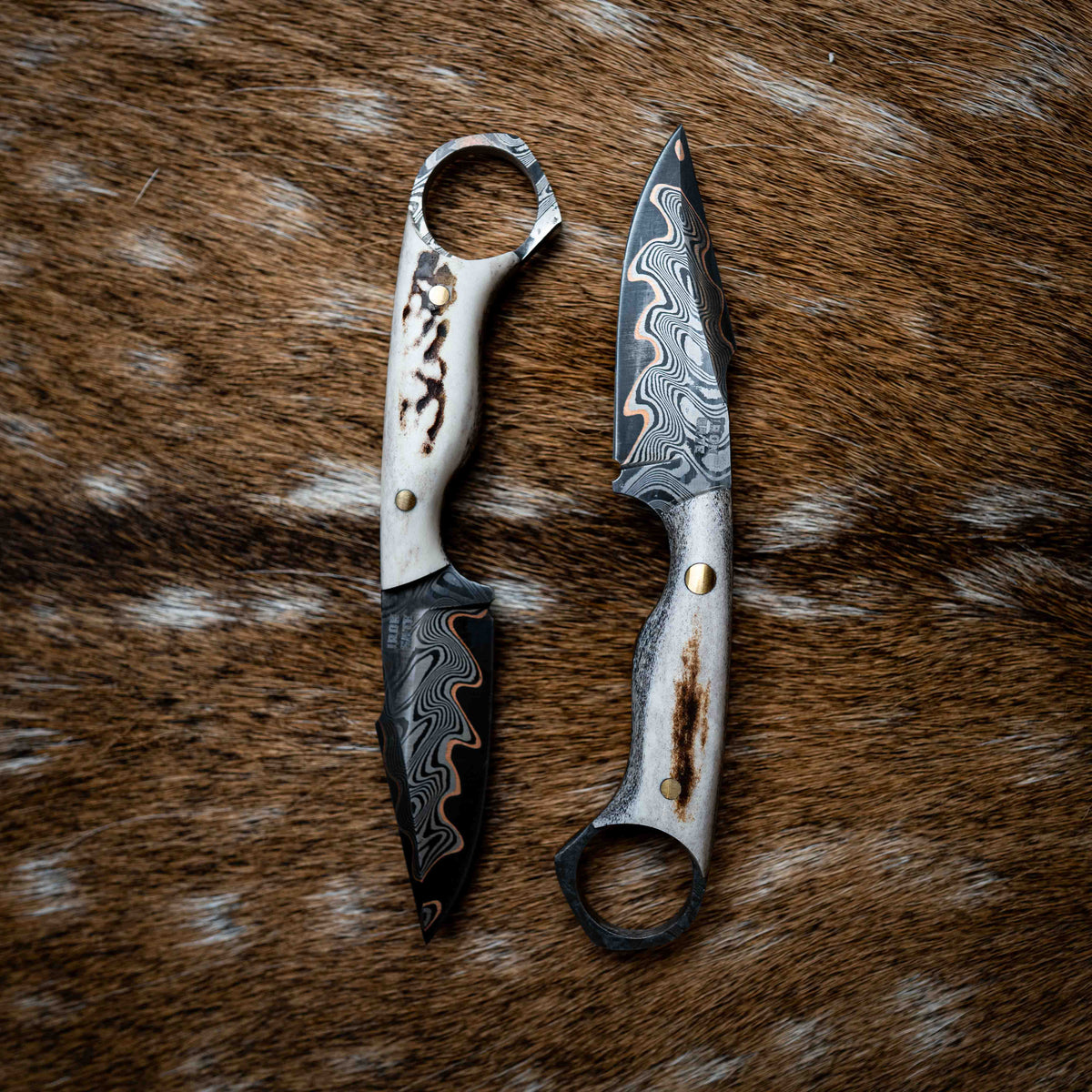 Mini Hunter — Baker Forge Copper Damascus | Full Deer Antler