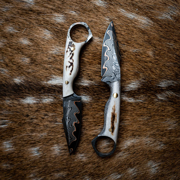 Mini Hunter — Baker Forge Copper Damascus | Full Deer Antler