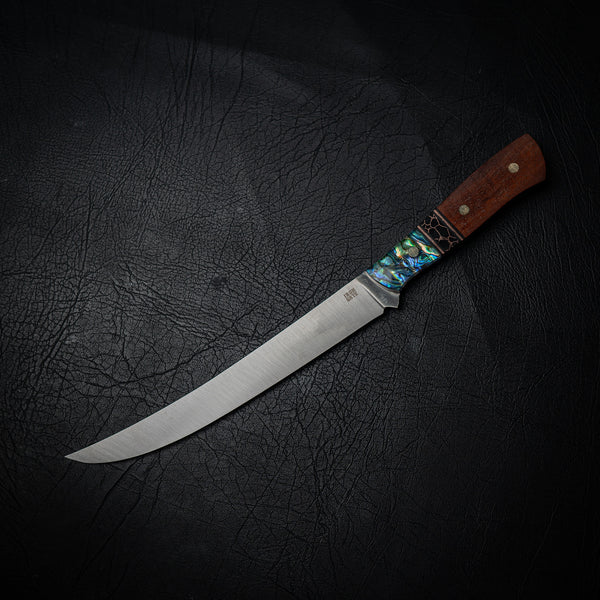 XL Hybrid Boning–Fillet Knife — River Redgum, Brass & Abalone (Nitro-V Stainless)