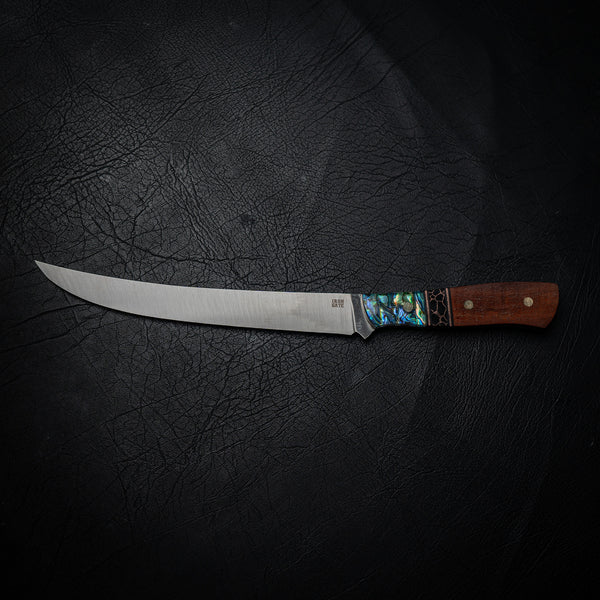 XL Hybrid Boning–Fillet Knife — River Redgum, Brass & Abalone (Nitro-V Stainless)