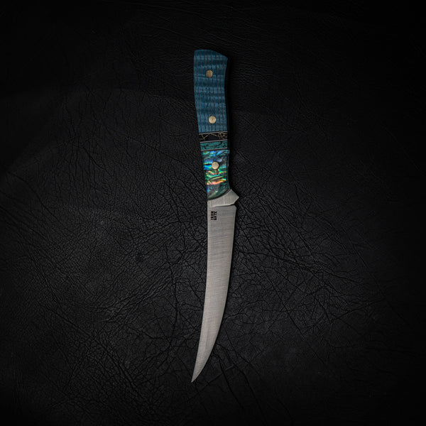 Boning Knife — Blue Curly Maple, Copper & Abalone (Nitro-V Stainless)