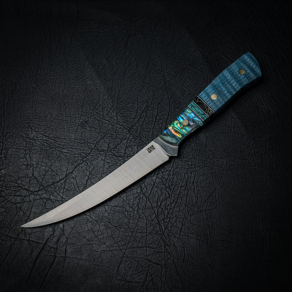 Boning Knife — Blue Curly Maple, Copper & Abalone (Nitro-V Stainless)