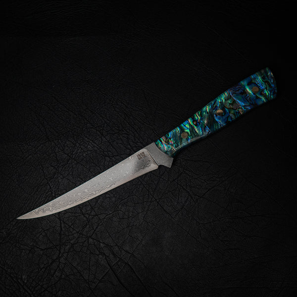 Small Boning–Fillet Hybrid — Abalone Handle (Damascus San Mai)