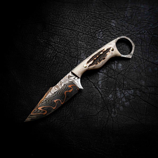 Mini Hunter — Baker Forge Copper Damascus | Full Deer Antler