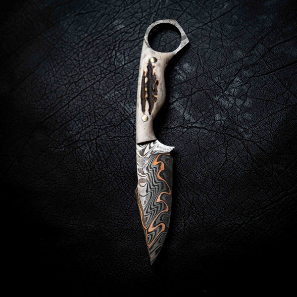 Mini Hunter — Baker Forge Copper Damascus | Full Deer Antler