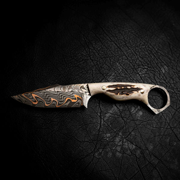 Mini Hunter — Baker Forge Copper Damascus | Full Deer Antler