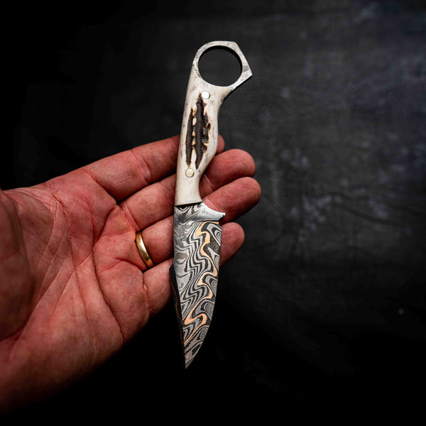Mini Hunter — Baker Forge Copper Damascus | Full Deer Antler