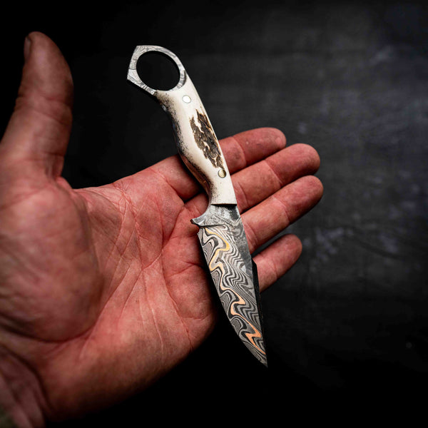 Mini Hunter — Baker Forge Copper Damascus | Full Deer Antler