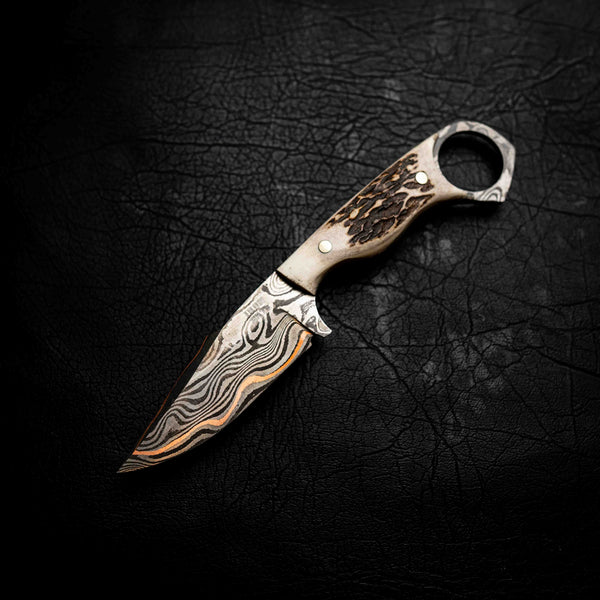 Mini Hunter — Baker Forge Copper Damascus | Full Deer Antler