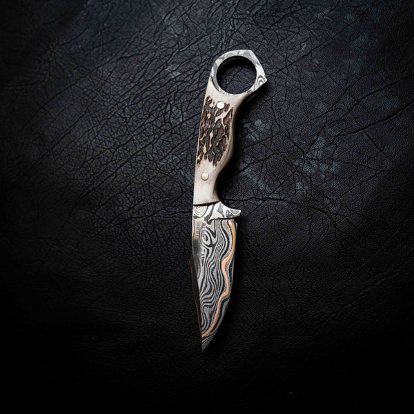 Mini Hunter — Baker Forge Copper Damascus | Full Deer Antler