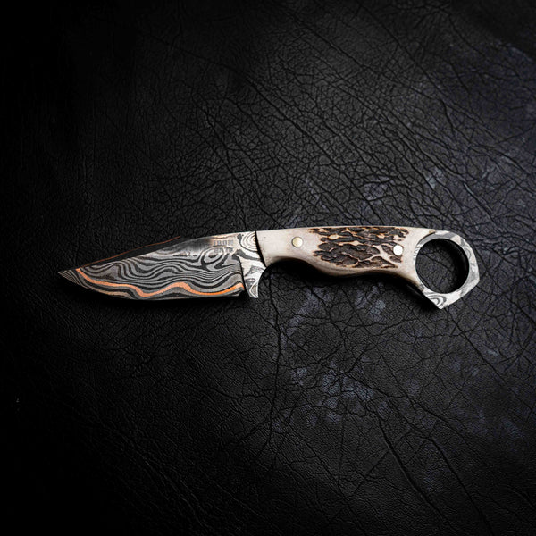 Mini Hunter — Baker Forge Copper Damascus | Full Deer Antler