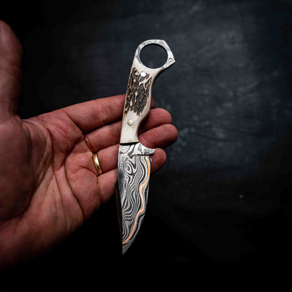 Mini Hunter — Baker Forge Copper Damascus | Full Deer Antler