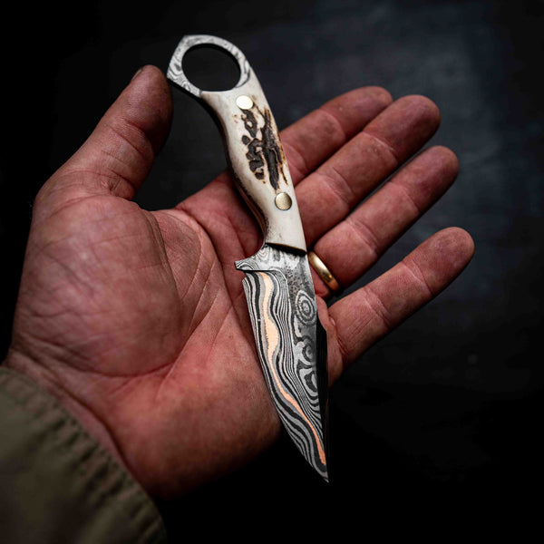 Mini Hunter — Baker Forge Copper Damascus | Full Deer Antler