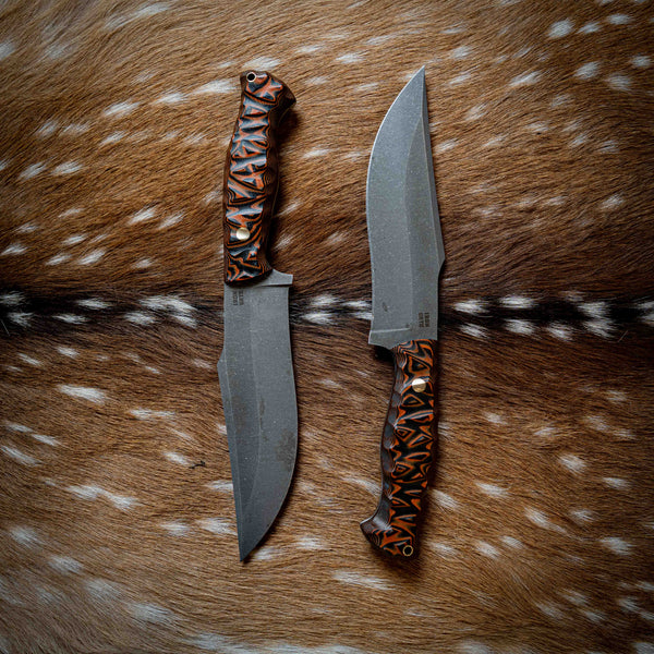Large Hunter — Black & Orange Layered G10, Rock Face