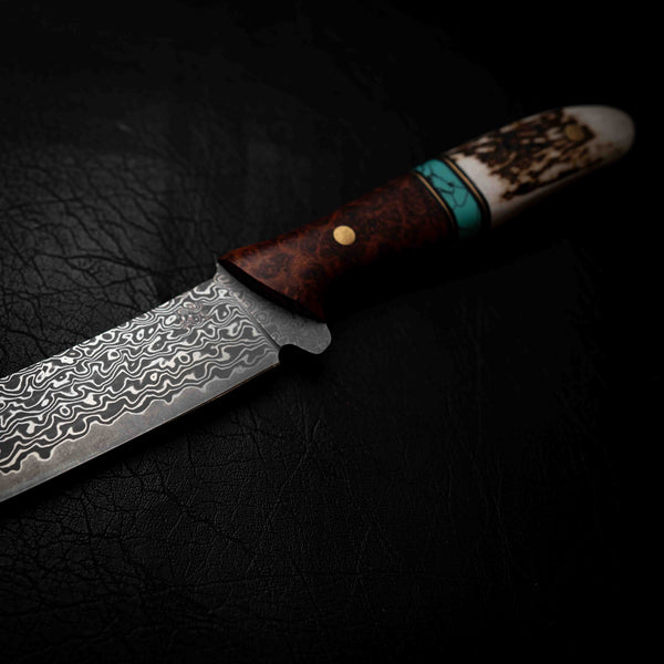 The Breaker — Damascus | Red Amboyna Burl, TruStone, Brass & Deer Antler