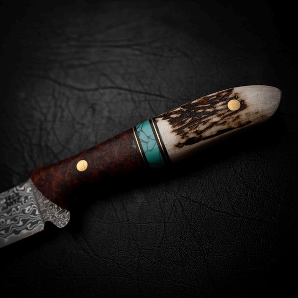 The Breaker — Damascus | Red Amboyna Burl, TruStone, Brass & Deer Antler