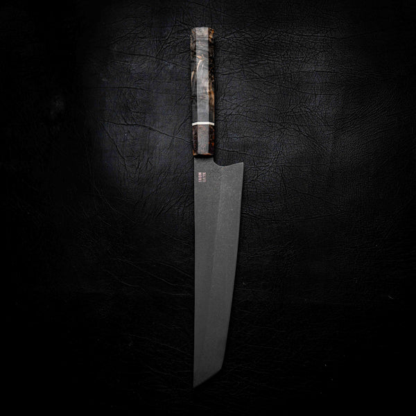 Tanto Slicer — Stonewashed N690, Dark Maple Burl & Ivory G10 Wa Handle