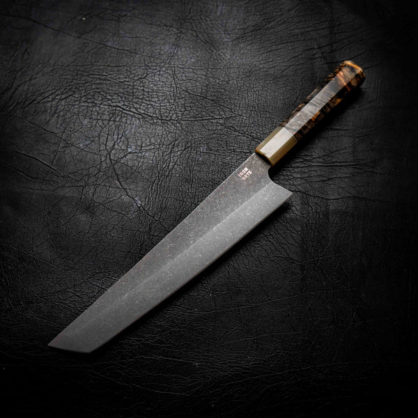Tanto Slicer — Stonewashed N690, Maple Burl & White Buffalo Horn Wa Handle