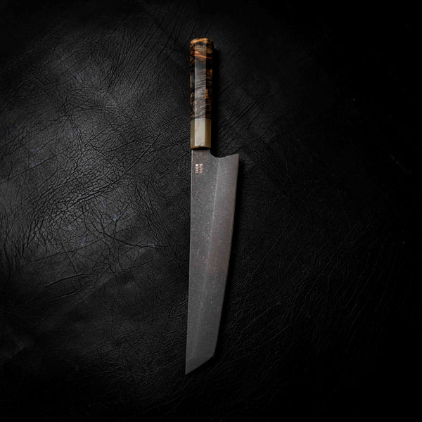 Tanto Slicer — Stonewashed N690, Maple Burl & White Buffalo Horn Wa Handle
