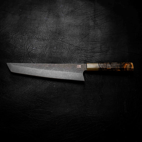 Tanto Slicer — Stonewashed N690, Maple Burl & White Buffalo Horn Wa Handle