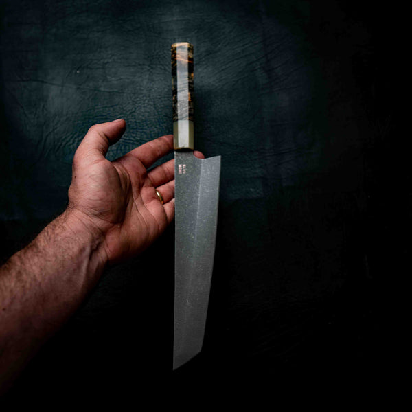Tanto Slicer — Stonewashed N690, Maple Burl & White Buffalo Horn Wa Handle