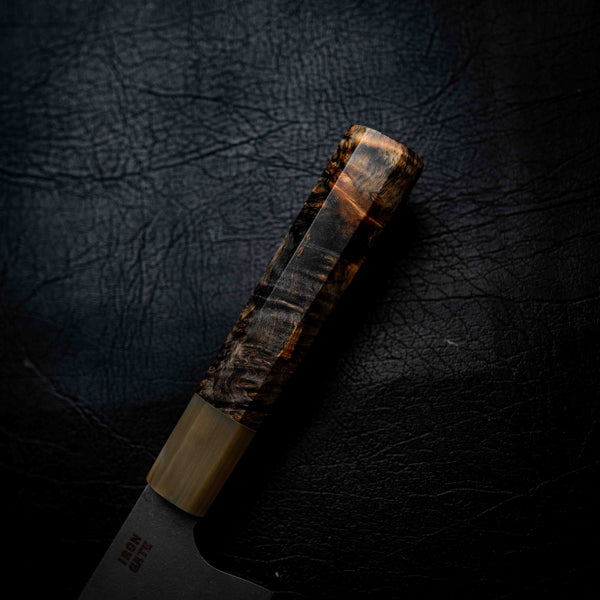 Tanto Slicer — Stonewashed N690, Maple Burl & White Buffalo Horn Wa Handle