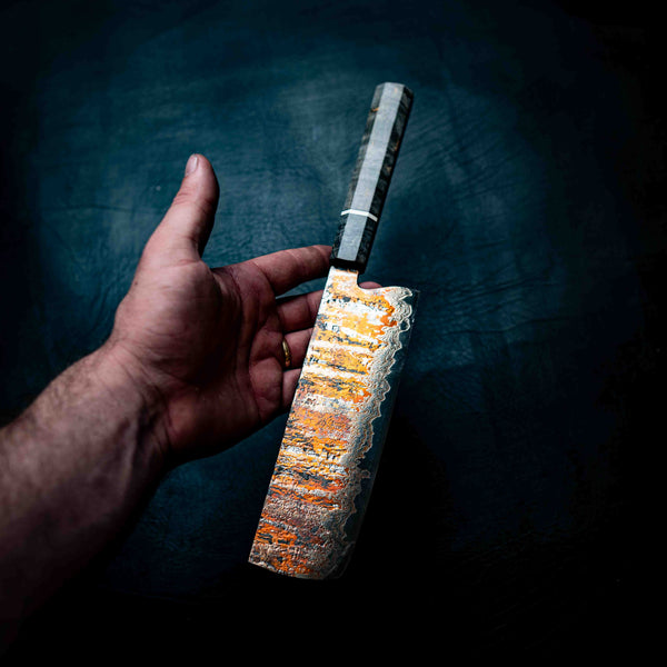 Nakiri — 1084 Coppermascus San Mai, Black Maple & Ivory G10 Wa Handle